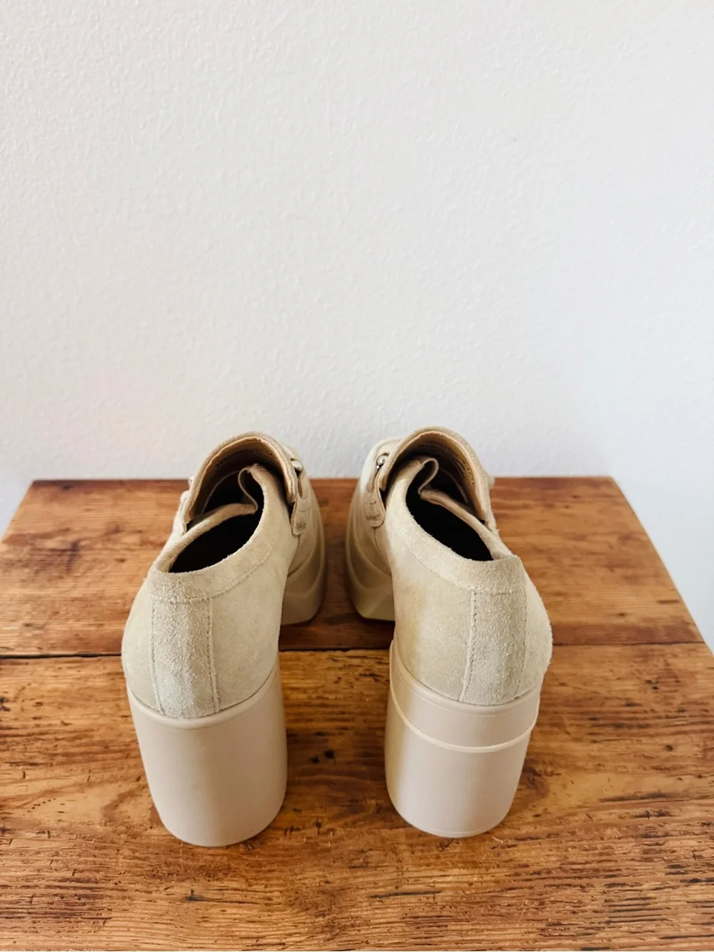 Free People Double Stacked Platform Loafers Tan Suede Horsebit Trim